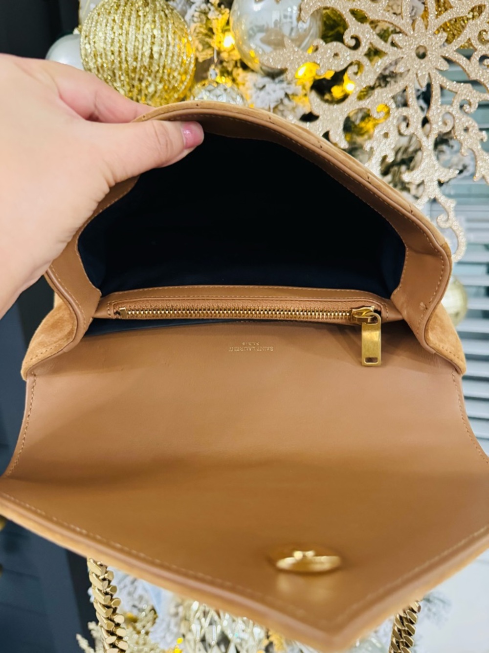 Yves Saint Laurent Tan Suede Quilted Chain Satchel with Gold Hardware - Picture 4 of 9